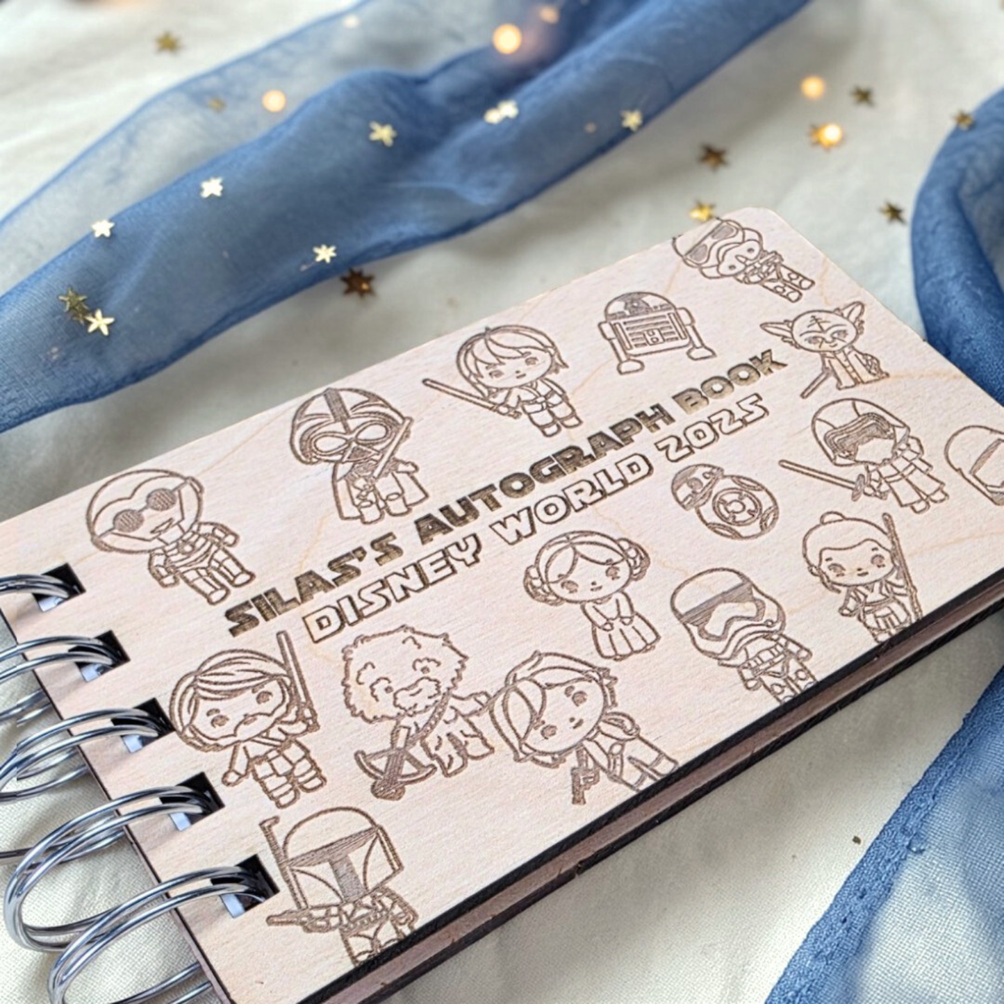 Custom Engraved Space Adventure Wood Autograph Book- Personalized Travel Keepsake Journal