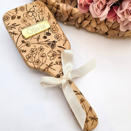 Enchanted Wildflower Paddle Brush - Personalized Mirror Nameplate in Gold, Rose Gold, or Silver - Magical Keepsake Gift for Her
