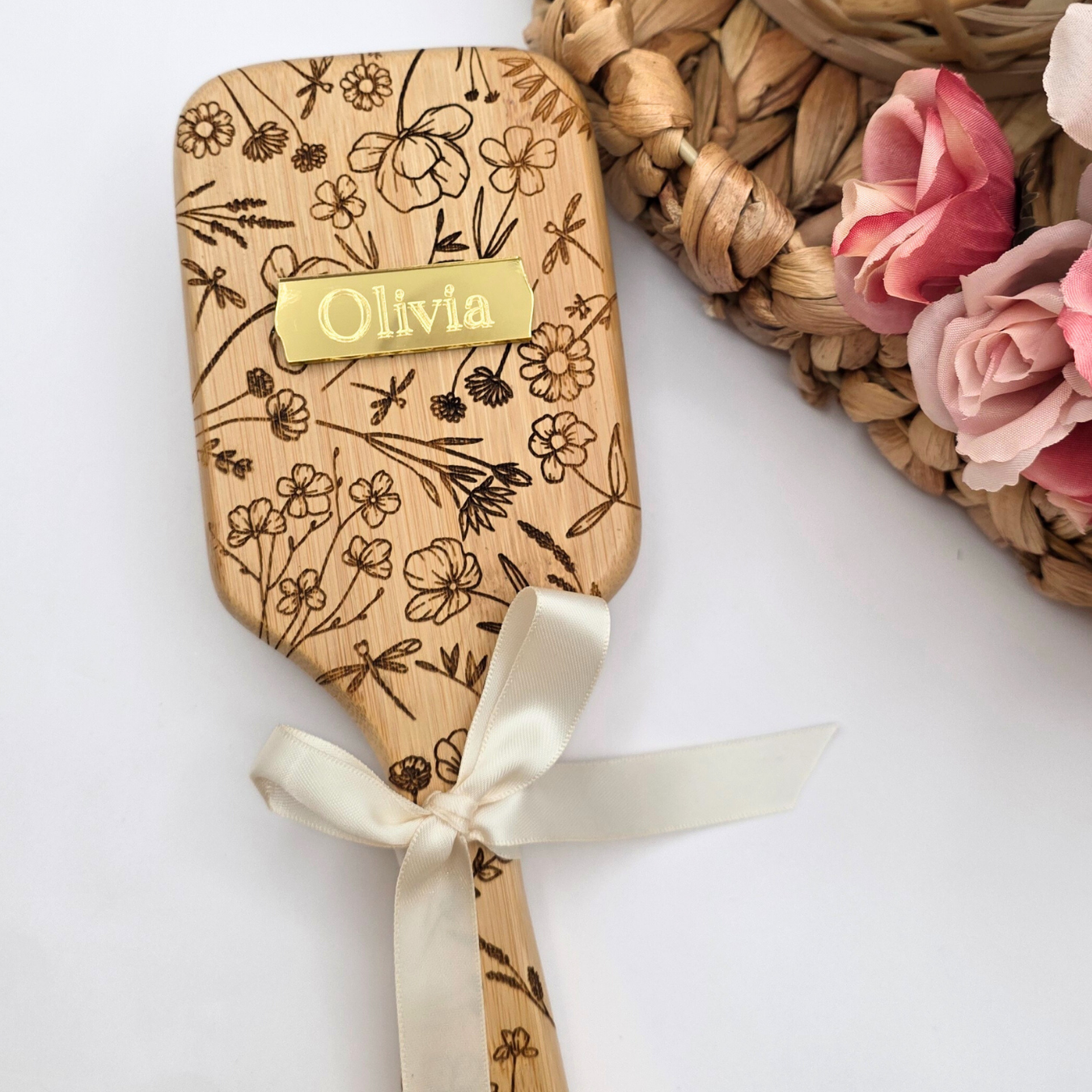 Enchanted Wildflower Paddle Brush - Personalized Mirror Nameplate in Gold, Rose Gold, or Silver - Magical Keepsake Gift for Her