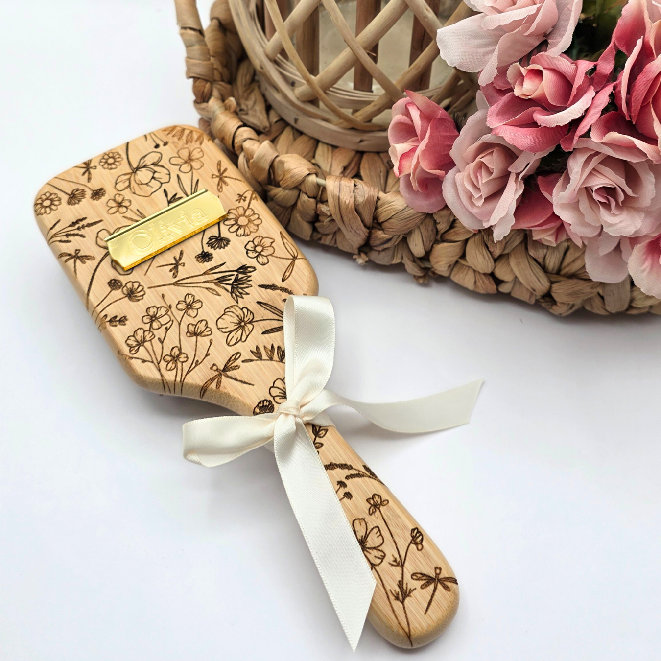 Enchanted Wildflower Paddle Brush - Personalized Mirror Nameplate in Gold, Rose Gold, or Silver - Magical Keepsake Gift for Her