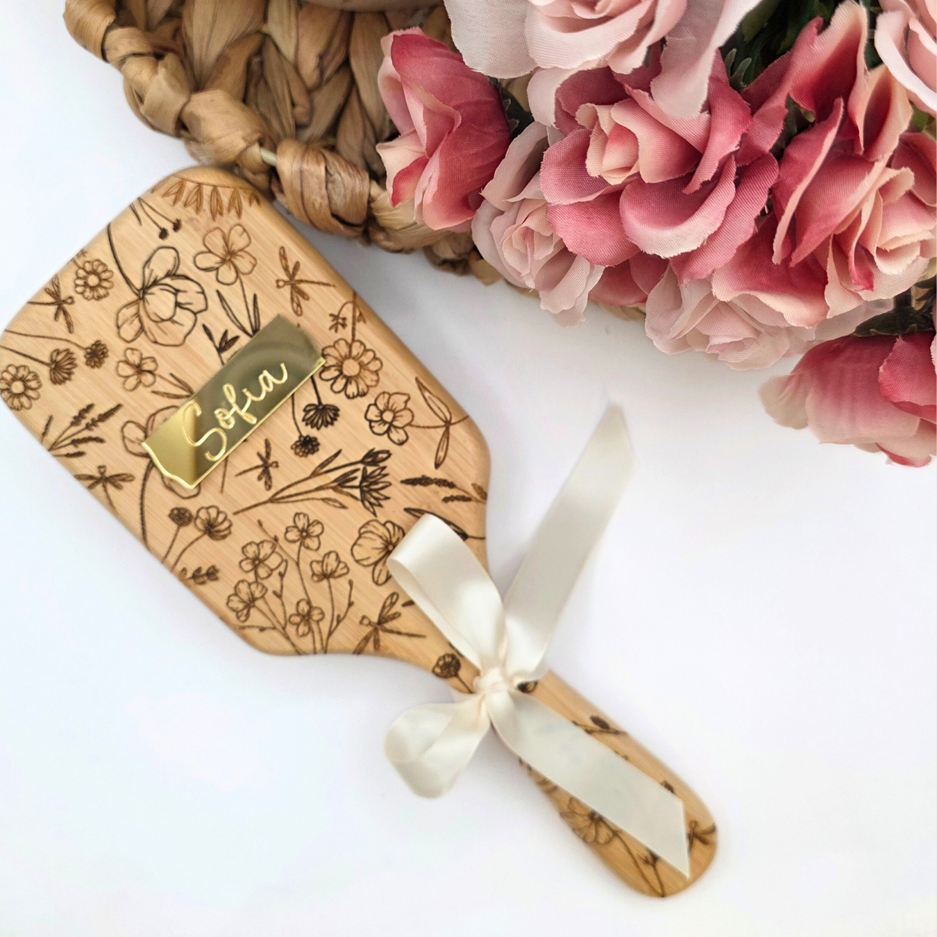 Enchanted Wildflower Paddle Brush - Personalized Mirror Nameplate in Gold, Rose Gold, or Silver - Magical Keepsake Gift for Her