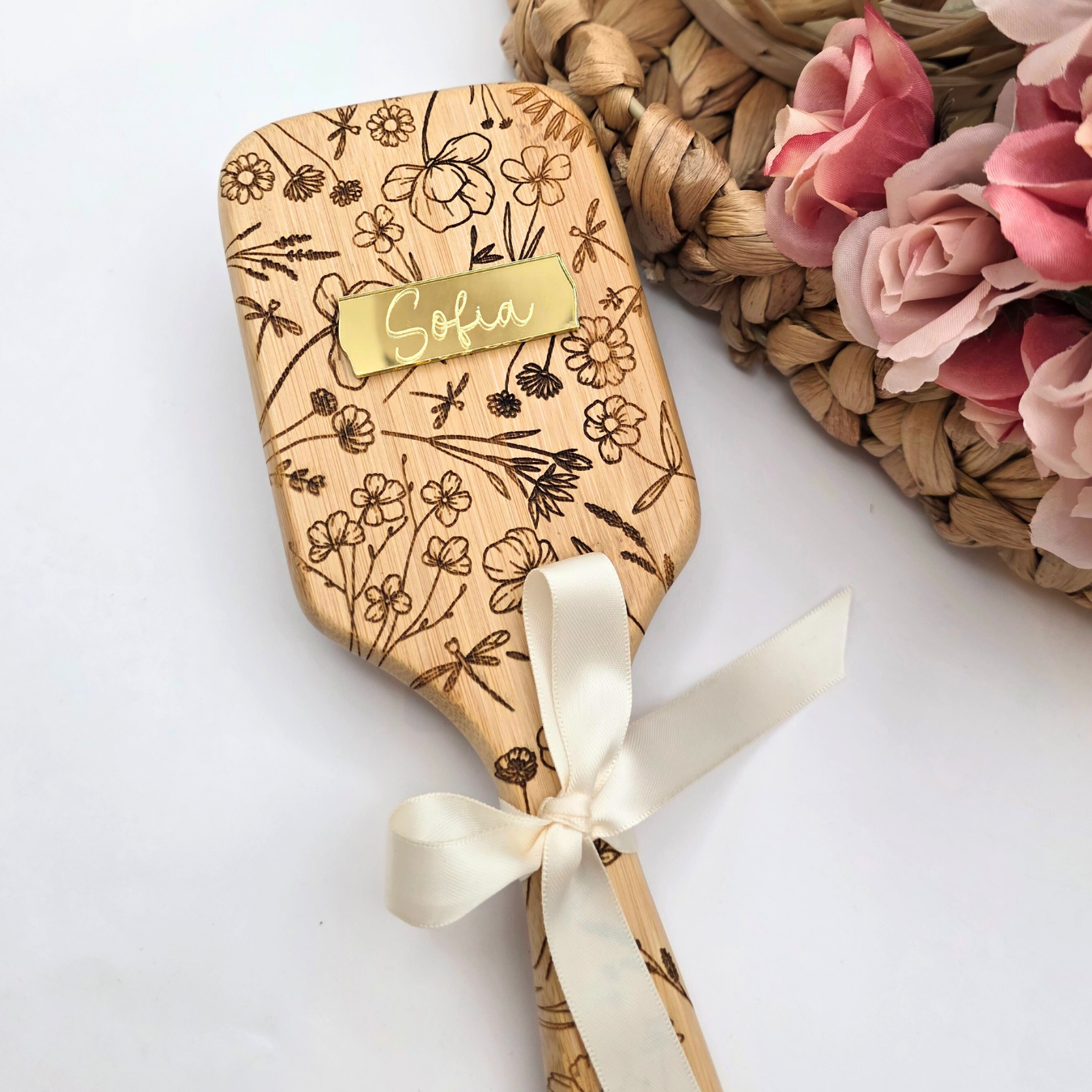 Enchanted Wildflower Paddle Brush - Personalized Mirror Nameplate in Gold, Rose Gold, or Silver - Magical Keepsake Gift for Her