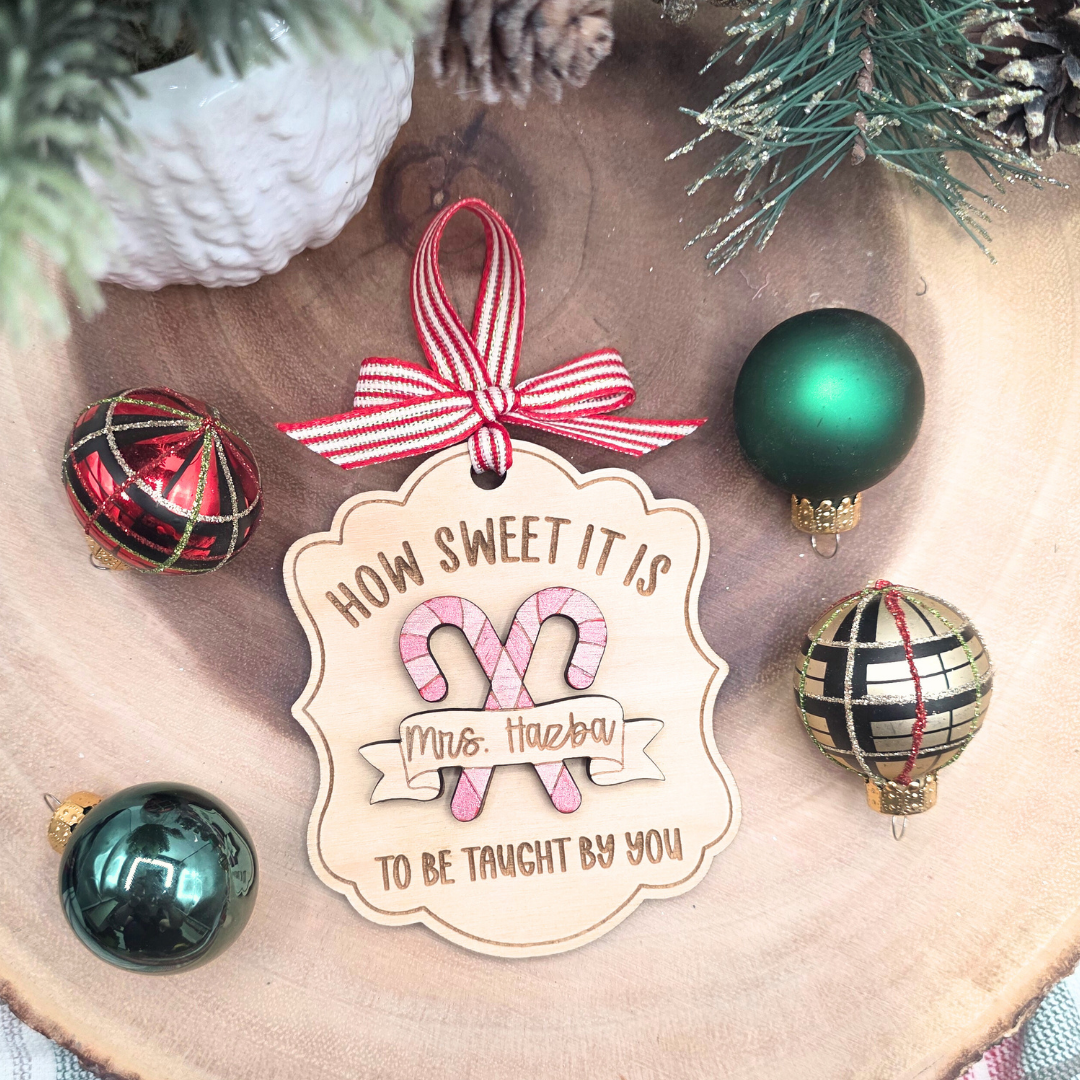 Custom Teacher Christmas Ornament - Personalized Candy Cane Wood Teacher Gift