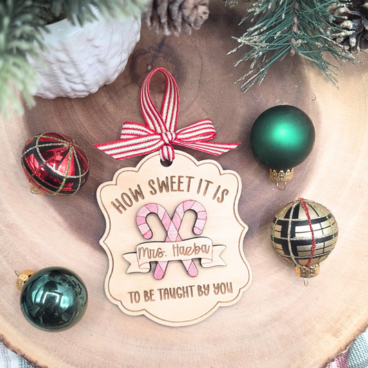 Custom Teacher Christmas Ornament - Personalized Candy Cane Wood Teacher Gift
