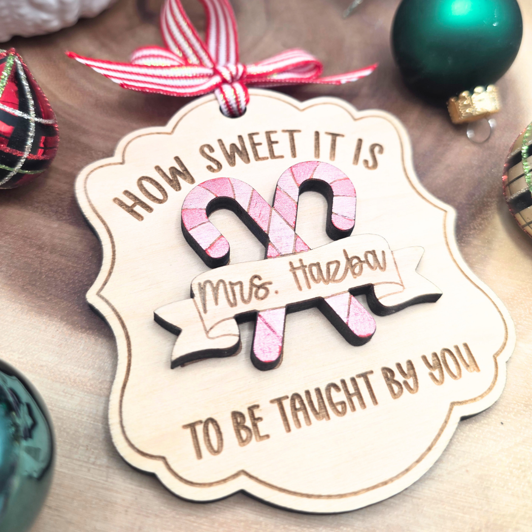 Custom Teacher Christmas Ornament - Personalized Candy Cane Wood Teacher Gift