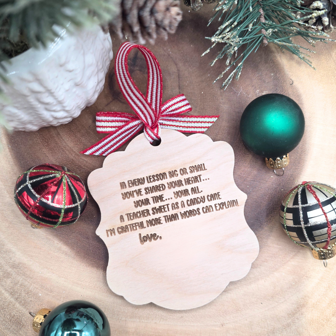 Custom Teacher Christmas Ornament - Personalized Candy Cane Wood Teacher Gift