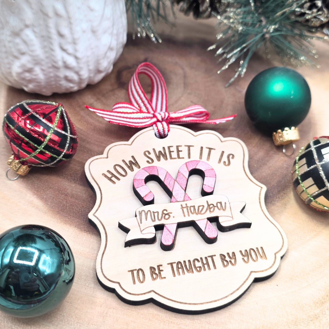 Custom Teacher Christmas Ornament - Personalized Candy Cane Wood Teacher Gift
