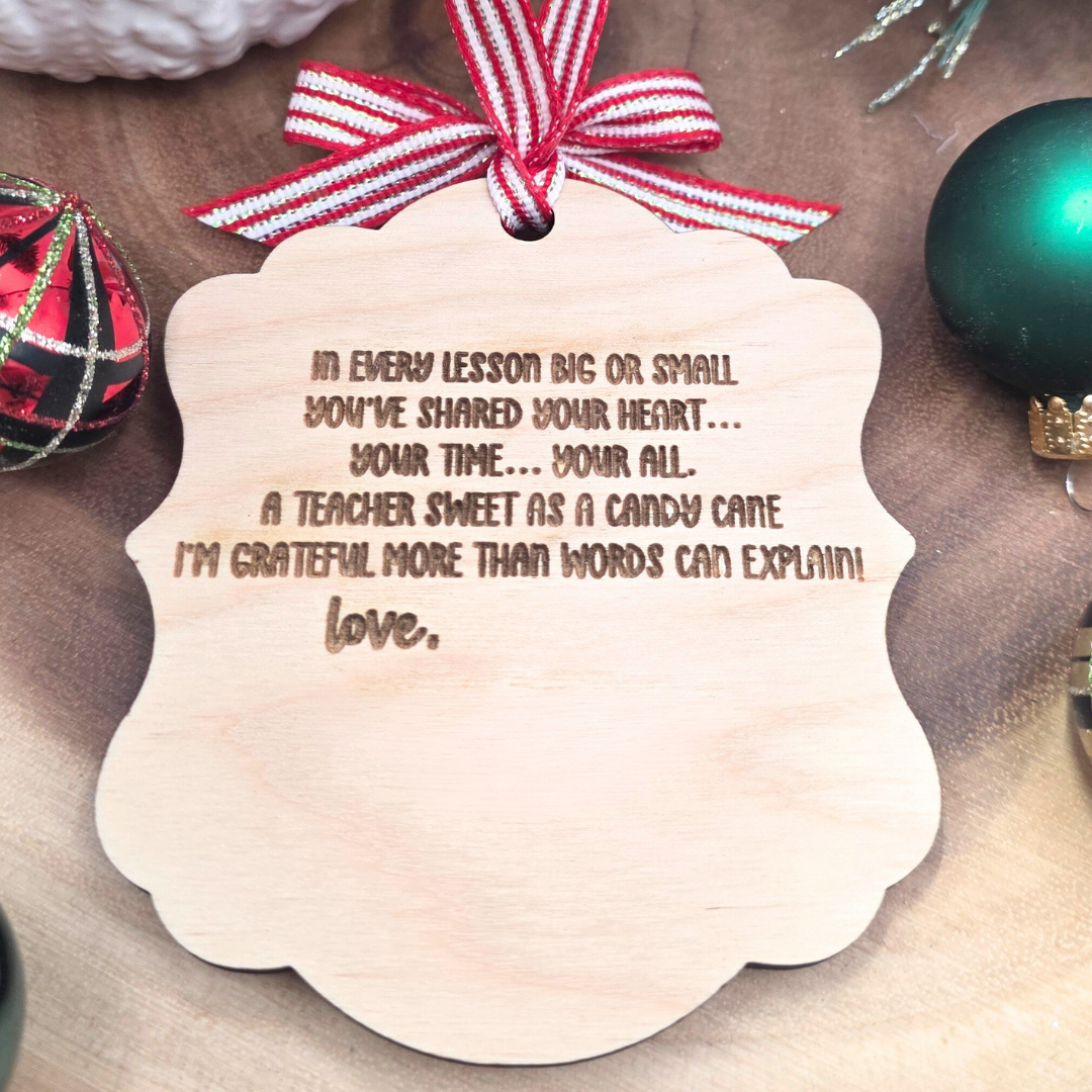 Custom Teacher Christmas Ornament - Personalized Candy Cane Wood Teacher Gift