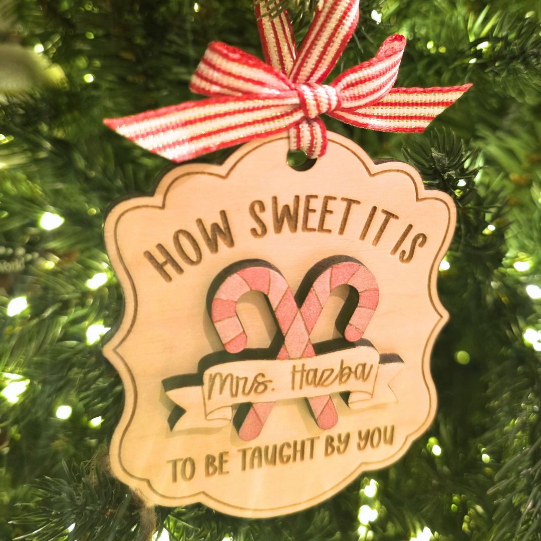 Custom Teacher Christmas Ornament - Personalized Candy Cane Wood Teacher Gift