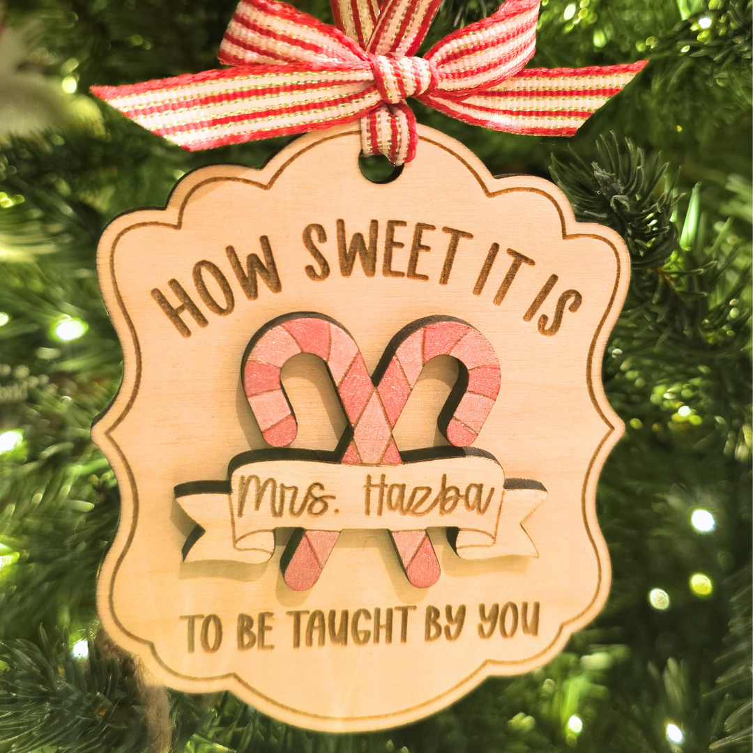 Custom Teacher Christmas Ornament - Personalized Candy Cane Wood Teacher Gift