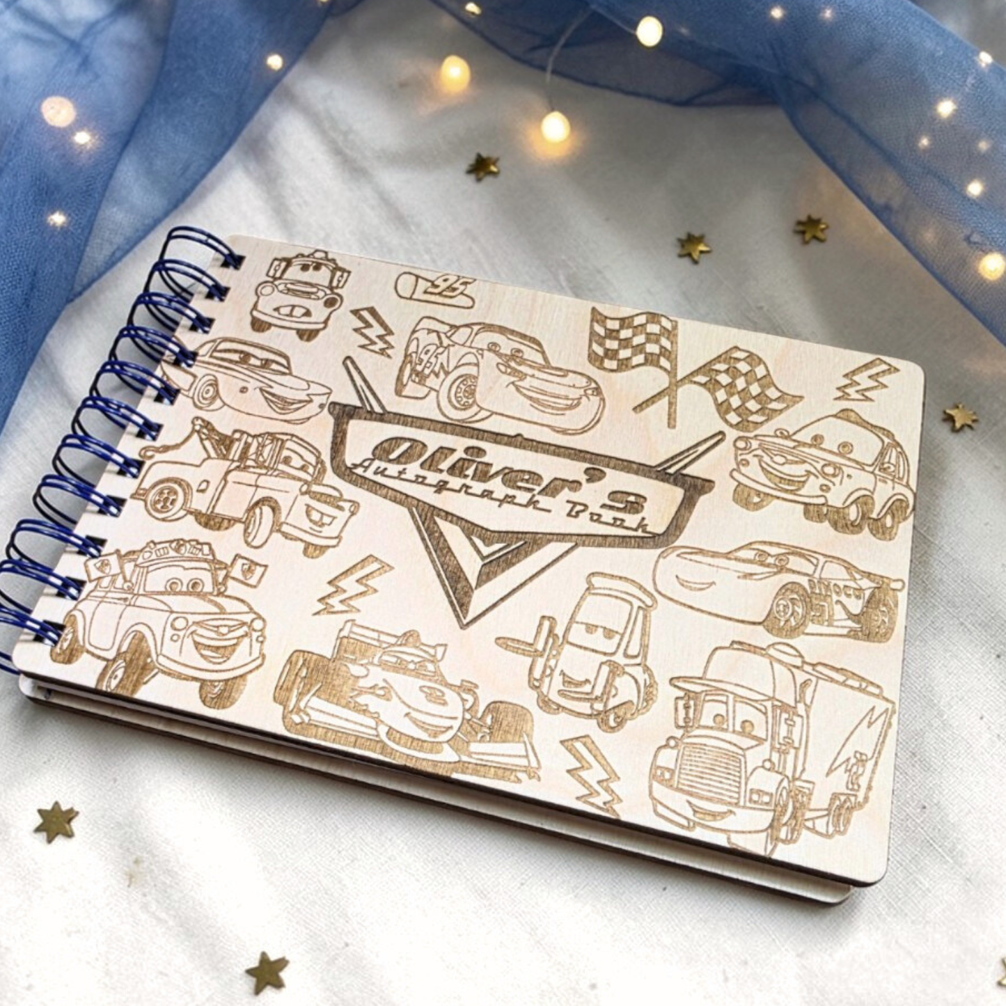 Custom Engraved Wood Race Car Autograph Book - Personalized Travel Keepsake Journal