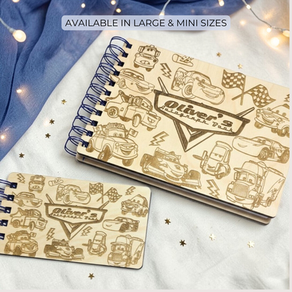 Custom Engraved Wood Race Car Autograph Book - Personalized Travel Keepsake Journal