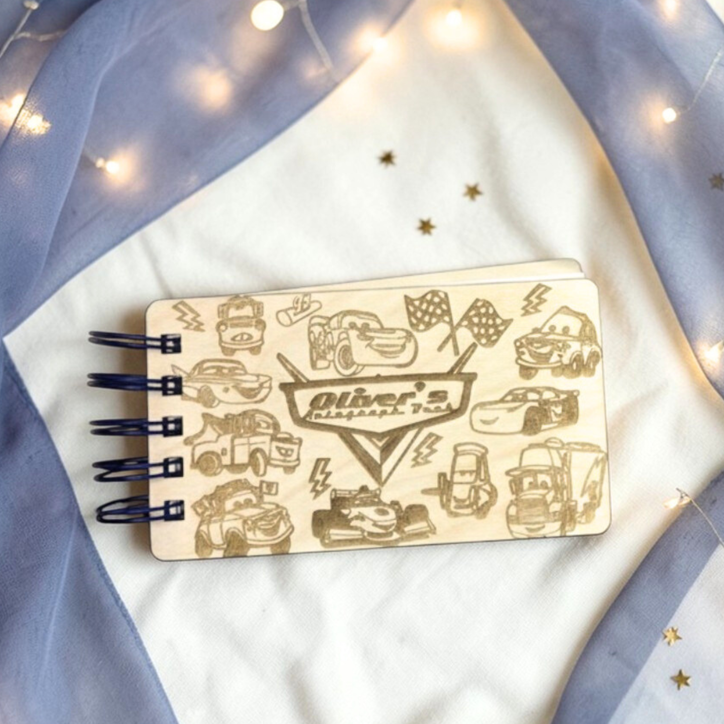 Custom Engraved Wood Race Car Autograph Book - Personalized Travel Keepsake Journal