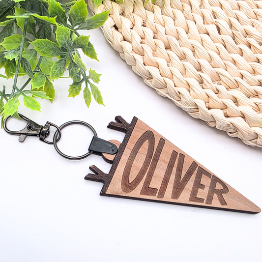 Custom Pennant Flag Bag Tag - Personalized Name Engraved Keychain | Birch Wood Tag with Clasp for Backpack, Diaper Bag, or Keys