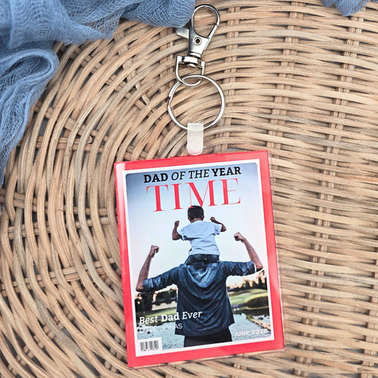 Personalized Dad Photo Keychain - Custom Father’s Day Acrylic Keyring - Magazine Cover Photo Gift