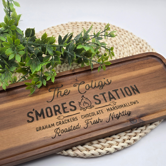 Custom S’mores Station Tray - Personalized Acacia Wood Board for Camping, Fire Pit, Outdoor Entertaining, Host or RV Gift