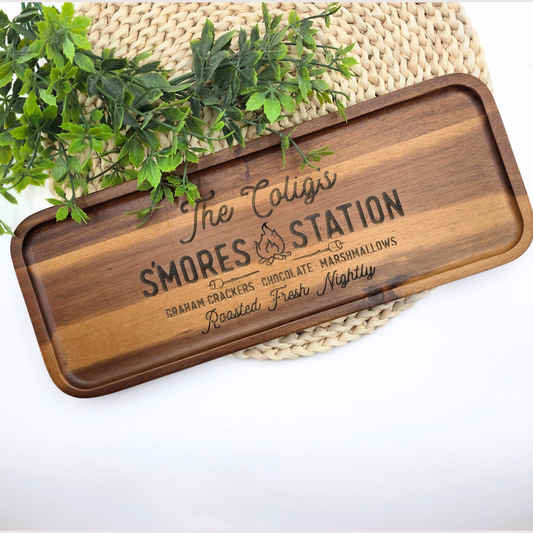 Custom S’mores Station Tray - Personalized Acacia Wood Board for Camping, Fire Pit, Outdoor Entertaining, Host or RV Gift