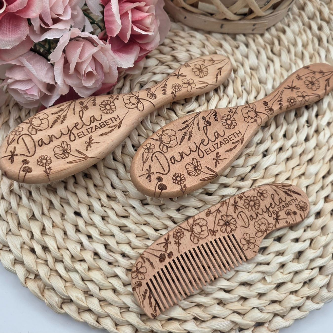 Engraved Baby Brush and Comb Set with Name - Wildflower Wooden Baby Grooming Kit - Newborn & Baby Shower Heirloom Gift