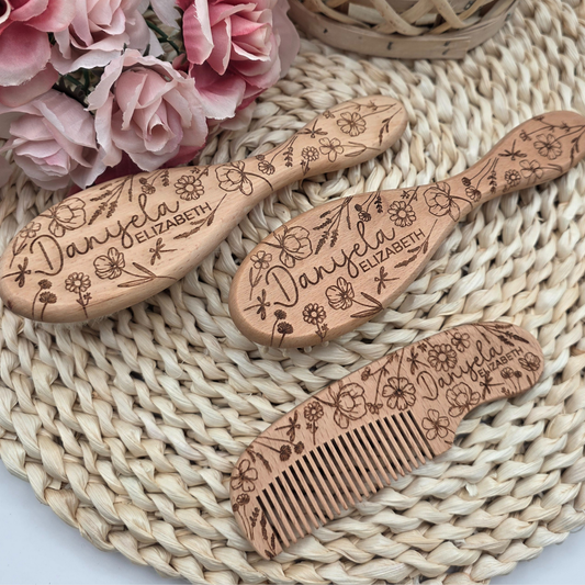 Engraved Baby Brush and Comb Set with Name - Wildflower Wooden Baby Grooming Kit - Newborn & Baby Shower Heirloom Gift