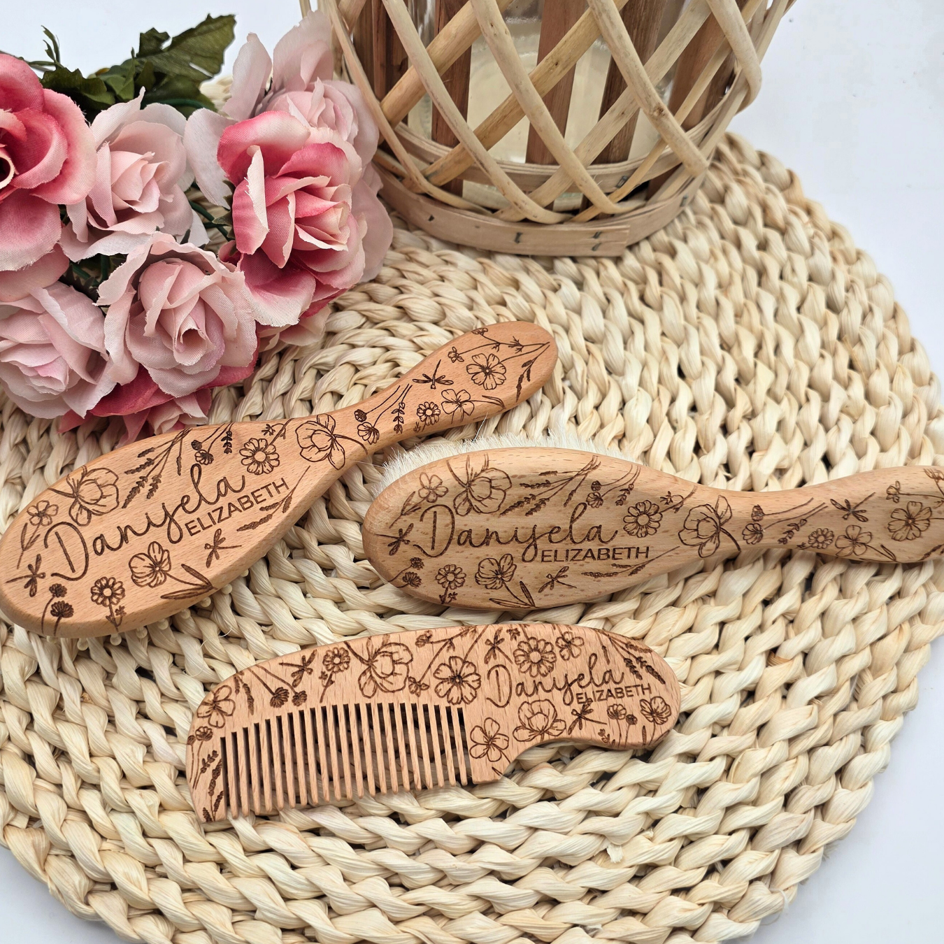 Engraved Baby Brush and Comb Set with Name - Wildflower Wooden Baby Grooming Kit - Newborn & Baby Shower Heirloom Gift