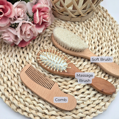 Engraved Baby Brush and Comb Set with Name - Wildflower Wooden Baby Grooming Kit - Newborn & Baby Shower Heirloom Gift