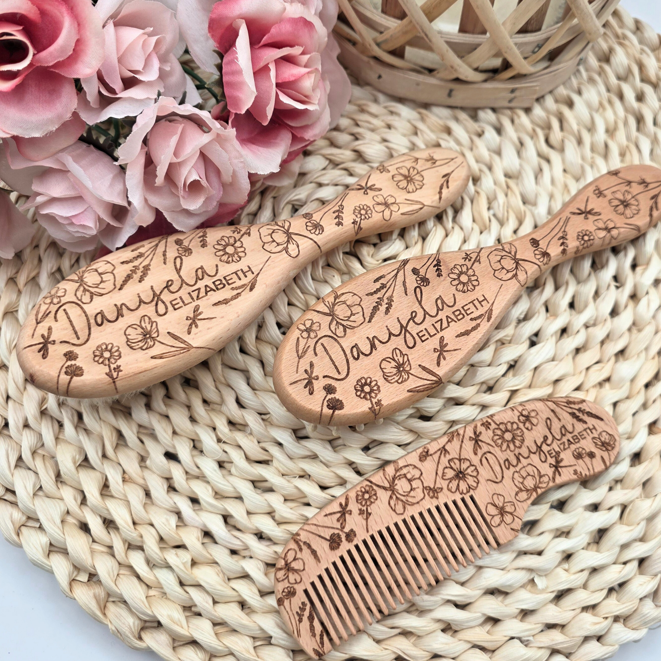 Engraved Baby Brush and Comb Set with Name - Wildflower Wooden Baby Grooming Kit - Newborn & Baby Shower Heirloom Gift