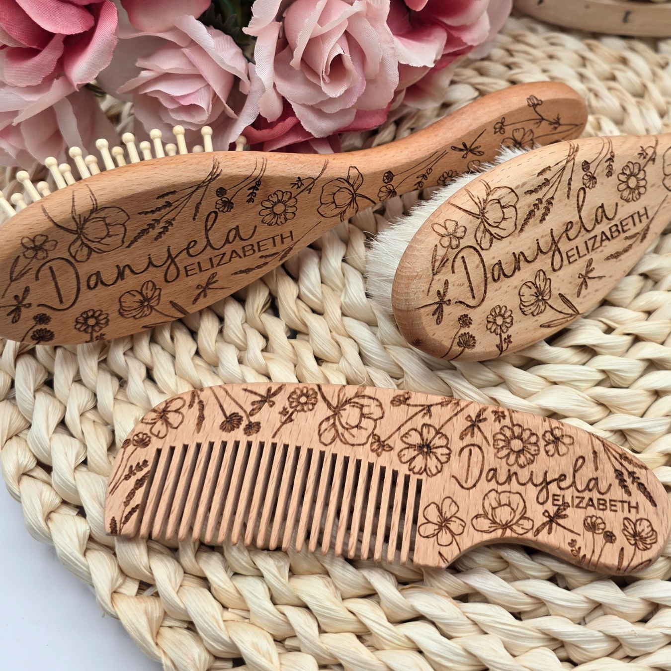 Engraved Baby Brush and Comb Set with Name - Wildflower Wooden Baby Grooming Kit - Newborn & Baby Shower Heirloom Gift