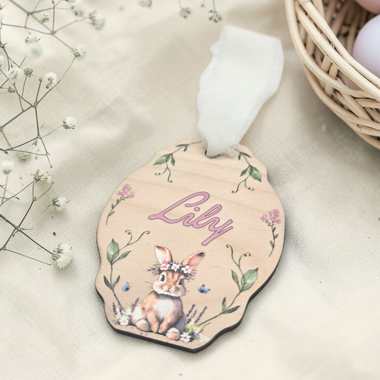 Storybook Flower Crown Bunny Easter Basket Tag - Personalized Vintage Inspired Sign Heirloom Easter Decor