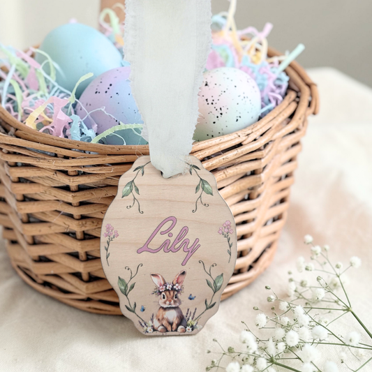 Storybook Flower Crown Bunny Easter Basket Tag - Personalized Vintage Inspired Sign Heirloom Easter Decor