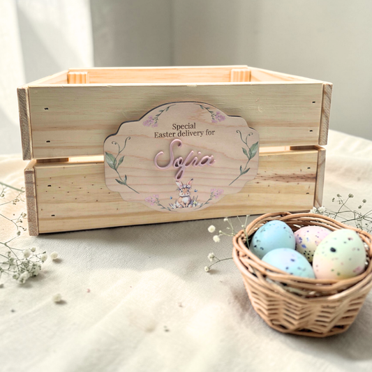 Storybook Flower Crown Bunny Easter Crate Plaque  - Personalized Vintage Sign Heirloom Easter Decor