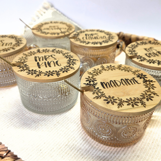 Personalized Vintage Inspired Glass Mug with Engraved Bamboo Lid & Gold Spoon  - 14oz