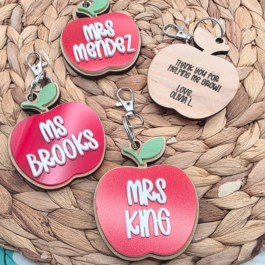 Personalized Teacher Apple Bag Tag - Custom Name Keyring - Teacher Appreciation Gift - 3D Acrylic & Wood