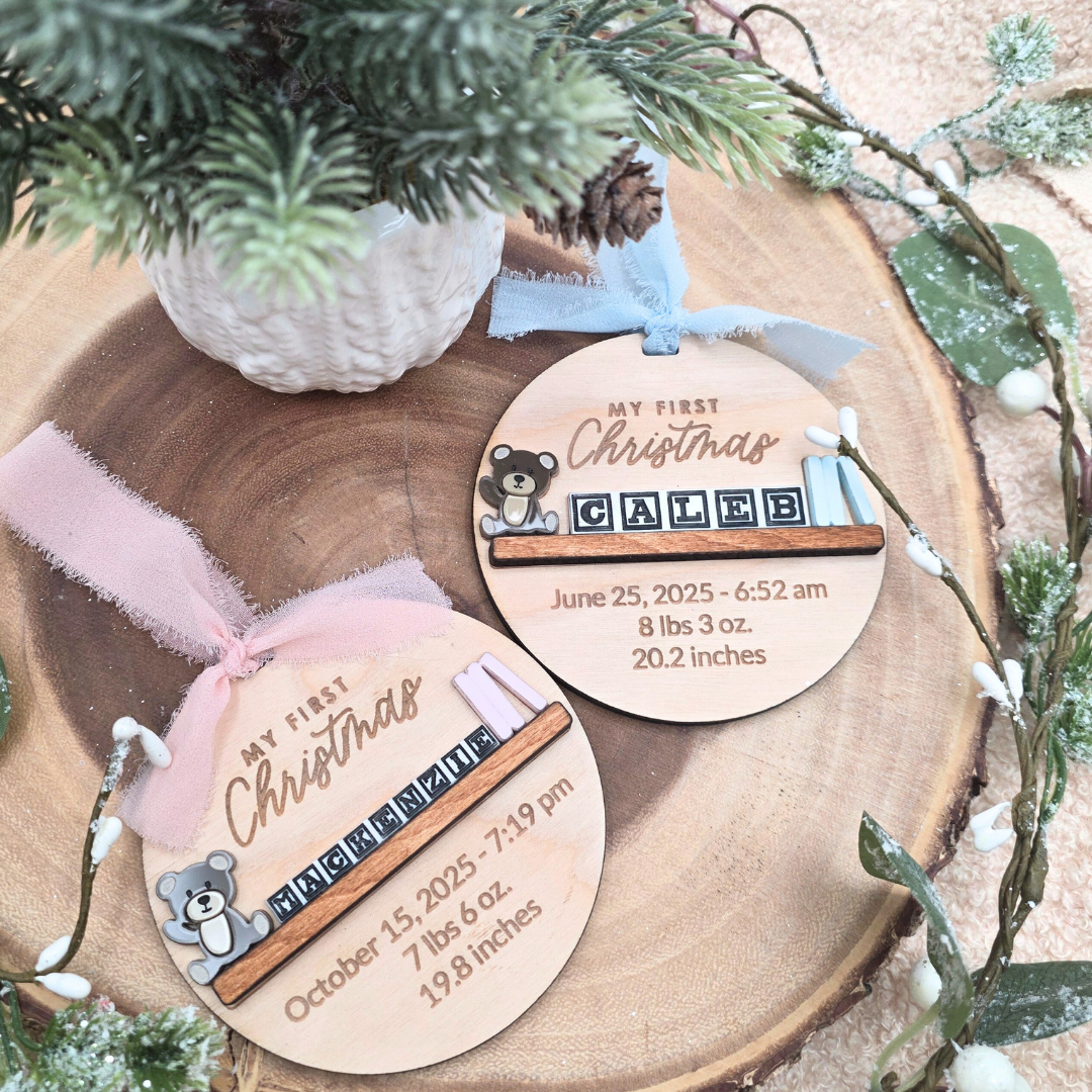 Baby’s First Christmas Ornament - Personalized Birth Stats Wood & Acrylic Keepsake