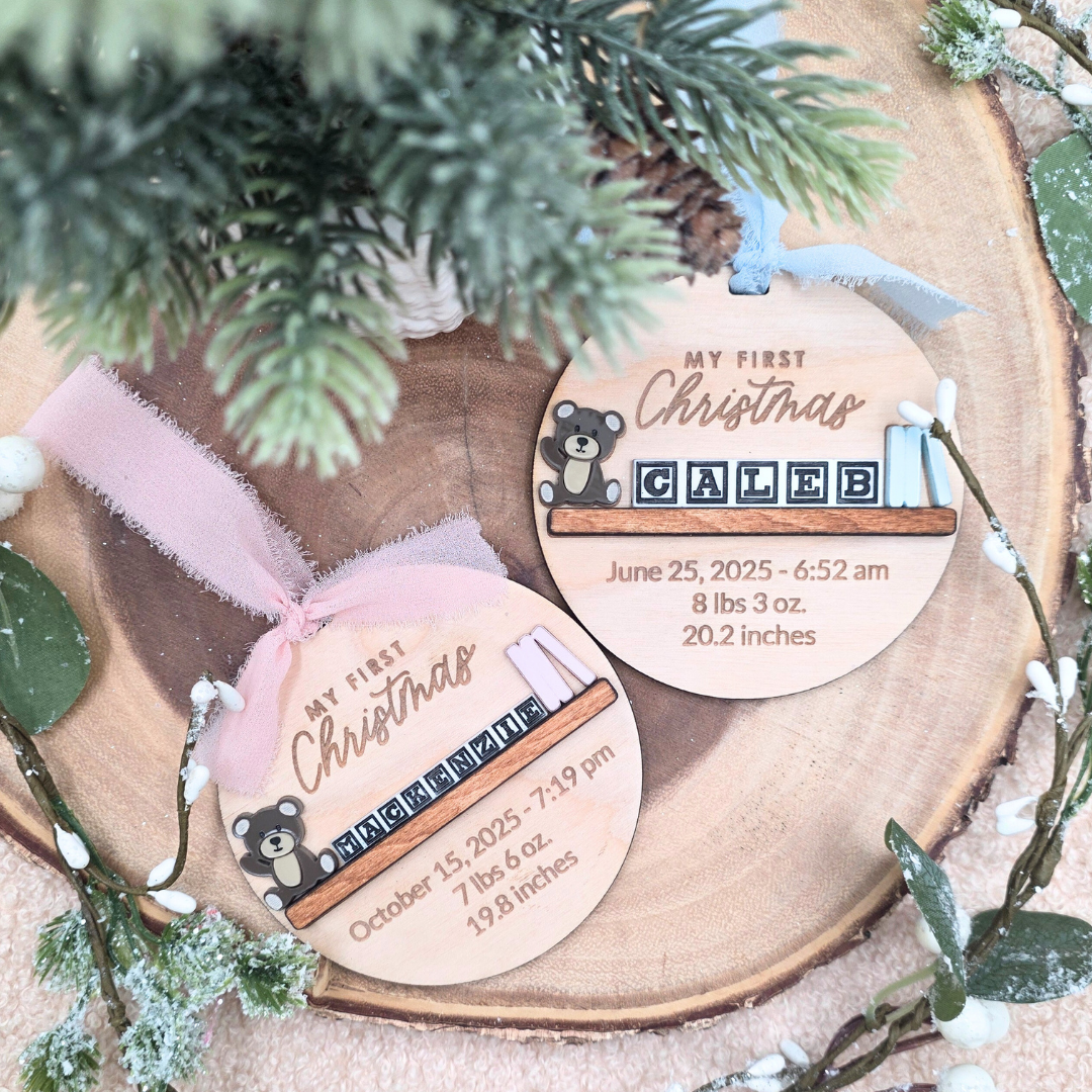 Baby’s First Christmas Ornament - Personalized Birth Stats Wood & Acrylic Keepsake