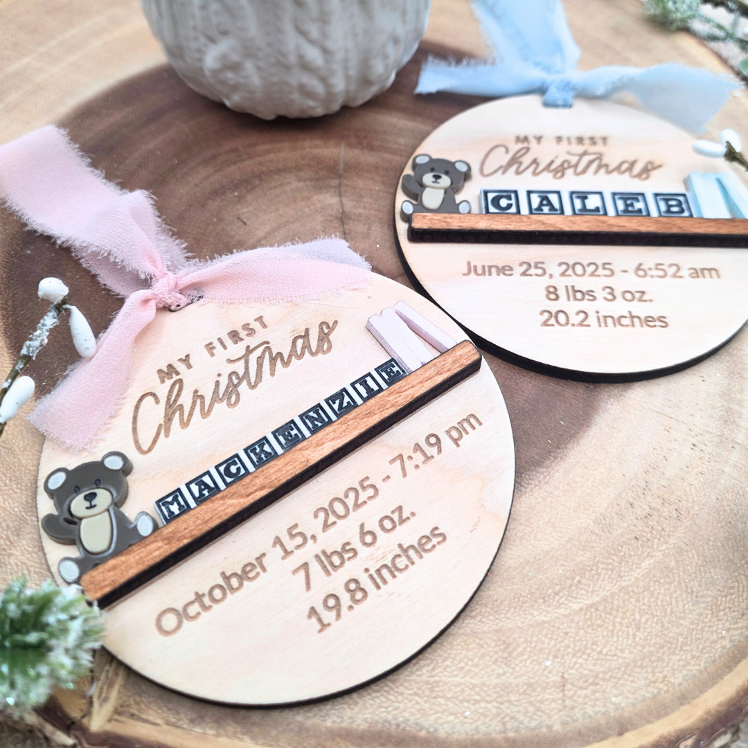 Baby’s First Christmas Ornament - Personalized Birth Stats Wood & Acrylic Keepsake