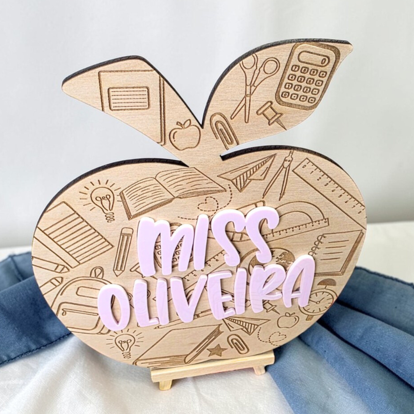 Custom Teacher Apple Desk Sign - Personalized Classroom Name Plaque Engraved Wood Gift