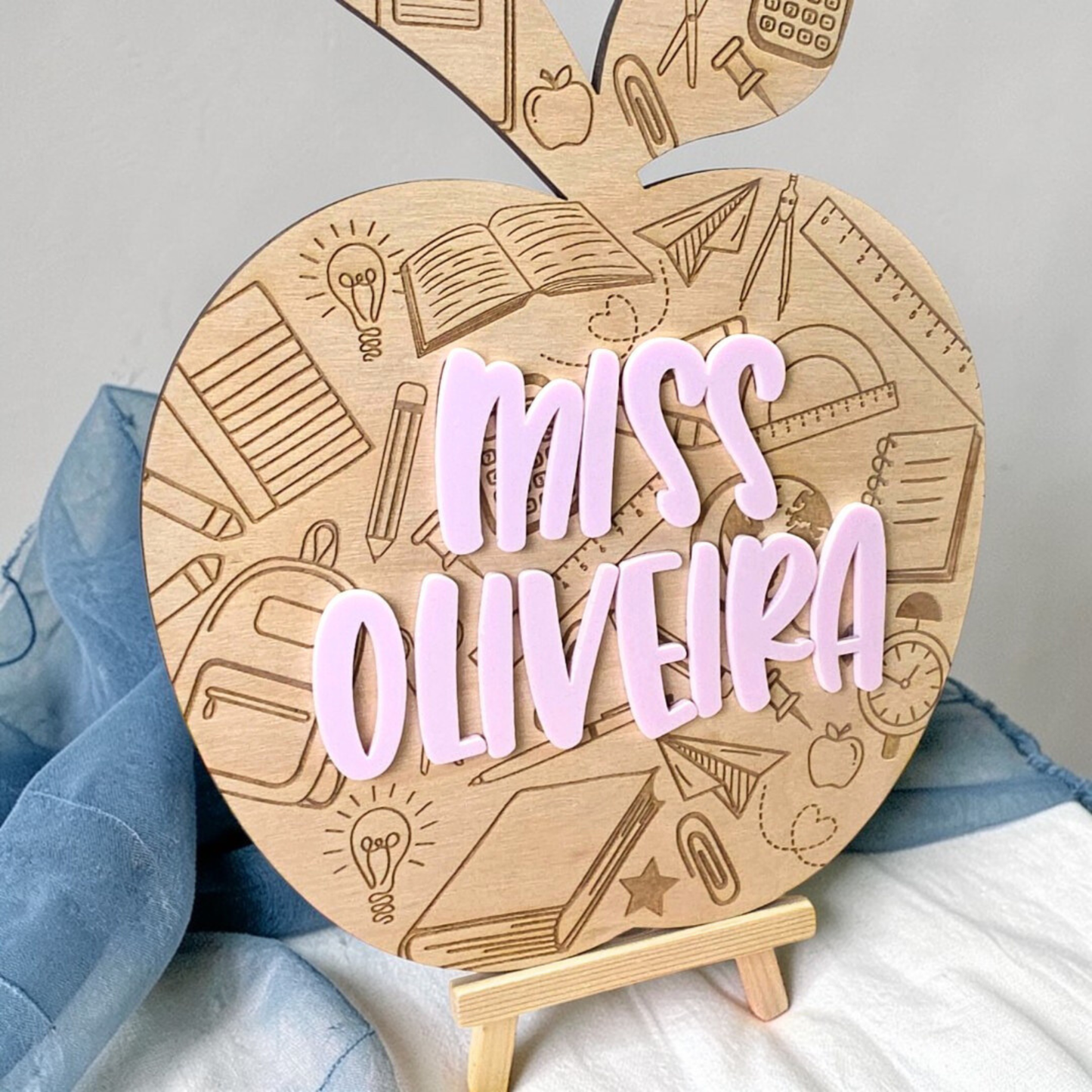 Custom Teacher Apple Desk Sign - Personalized Classroom Name Plaque Engraved Wood Gift