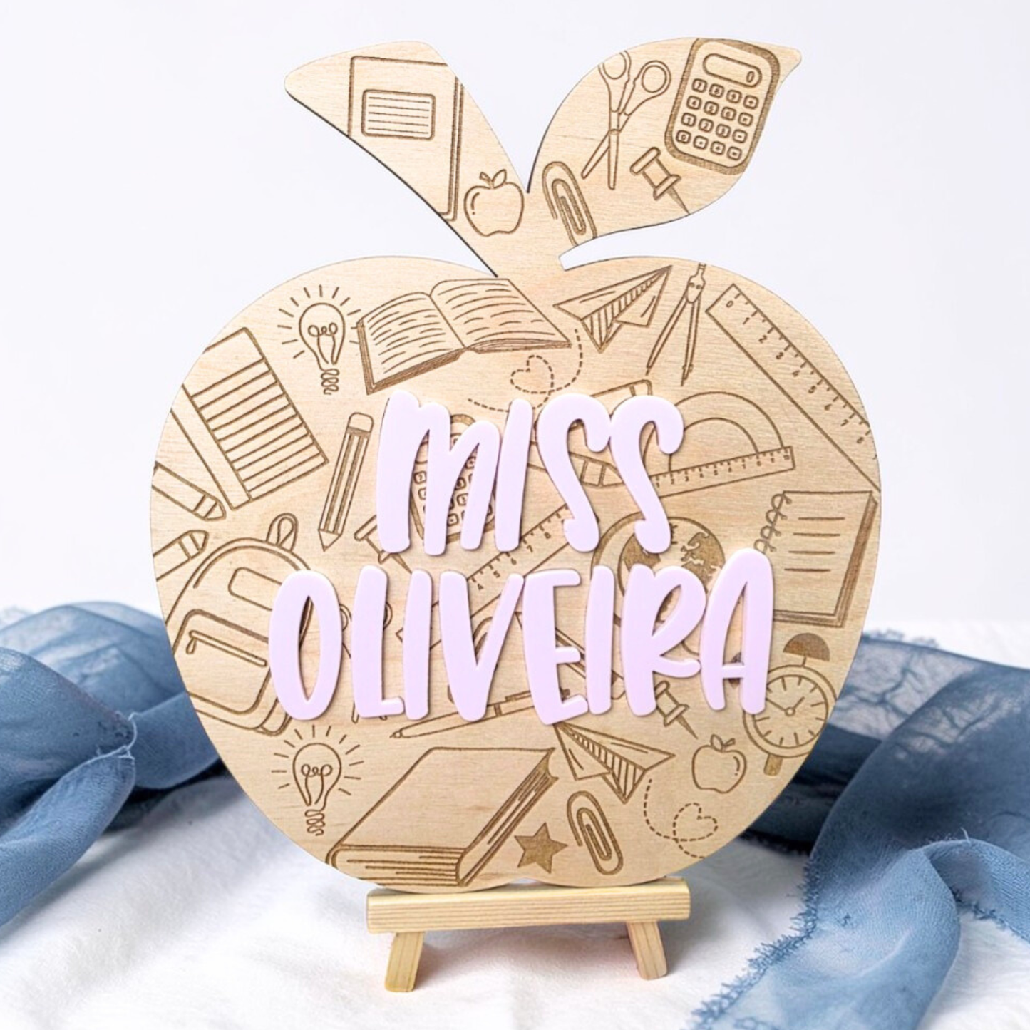 Custom Teacher Apple Desk Sign - Personalized Classroom Name Plaque Engraved Wood Gift