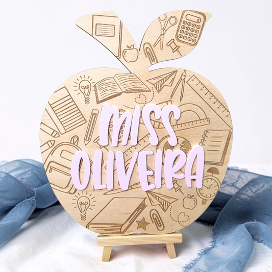 Custom Teacher Apple Desk Sign - Personalized Classroom Name Plaque Engraved Wood Gift