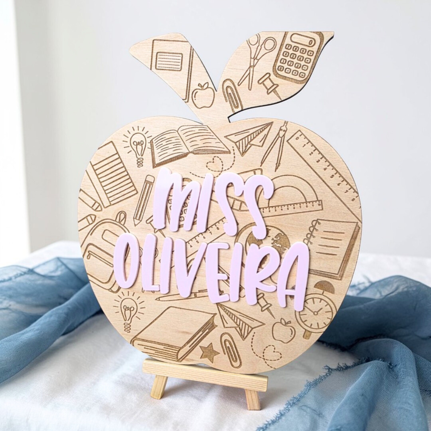 Custom Teacher Apple Desk Sign - Personalized Classroom Name Plaque Engraved Wood Gift