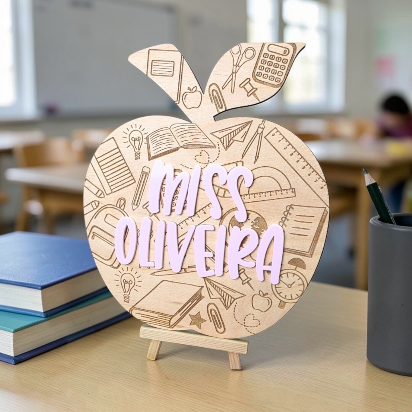 Custom Teacher Apple Desk Sign - Personalized Classroom Name Plaque Engraved Wood Gift