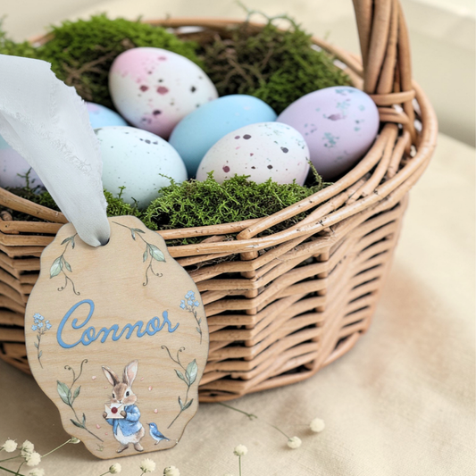 Classic Storybook Easter Basket Tag - Personalized Vintage Bunny Sign Heirloom Easter Decor