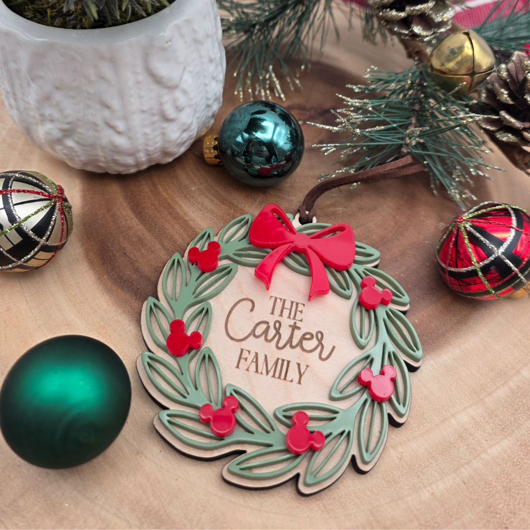 Personalized Wreath Mouse Ornament - Custom Name Tree Decor