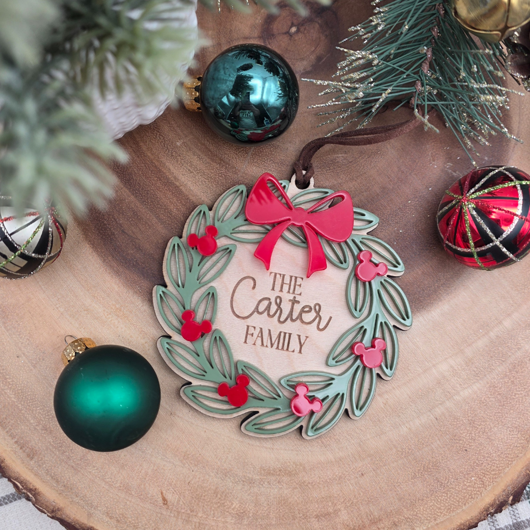 Personalized Wreath Mouse Ornament - Custom Name Tree Decor