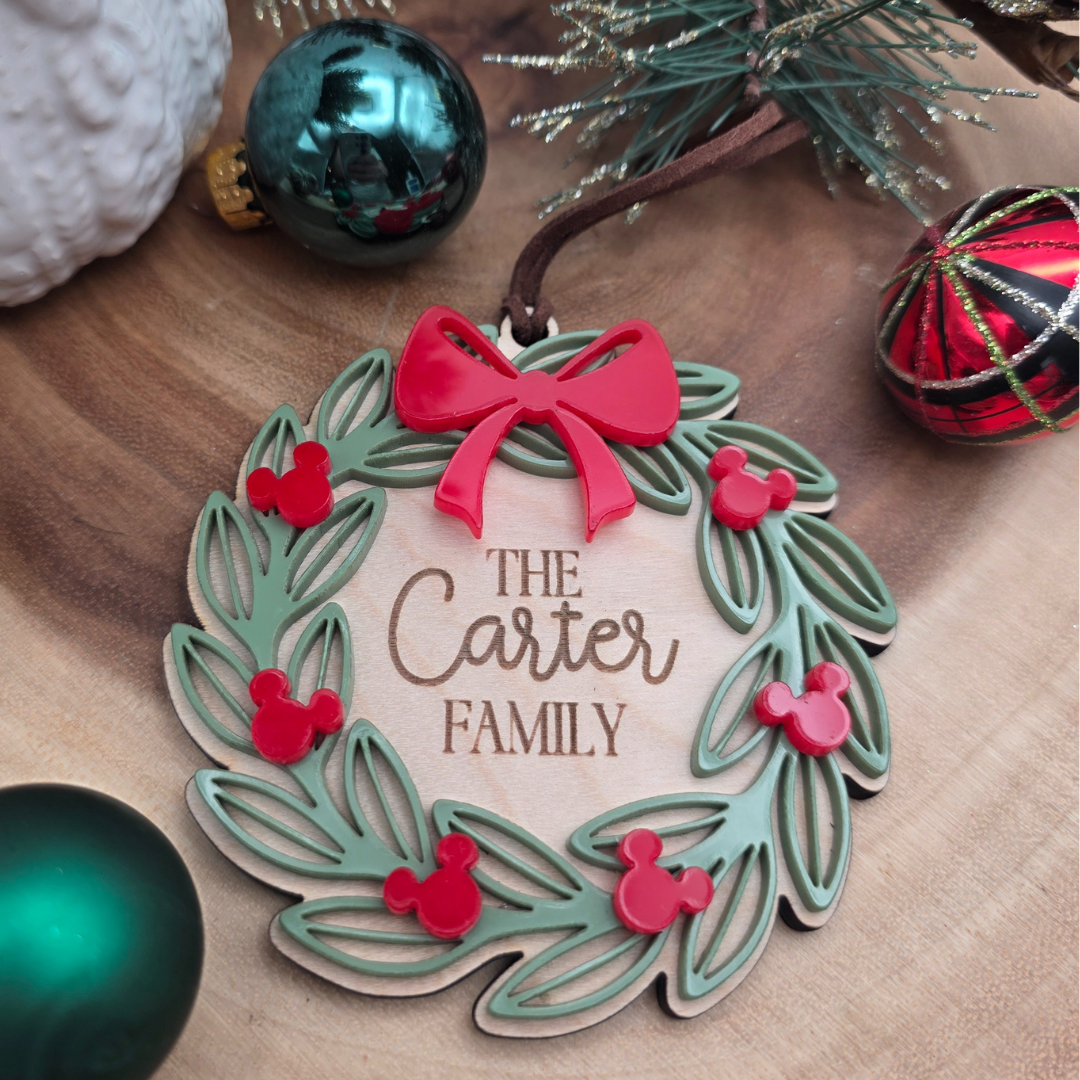 Personalized Wreath Mouse Ornament - Custom Name Tree Decor