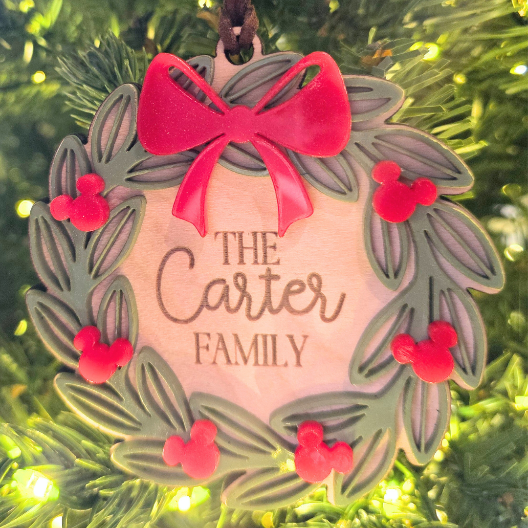 Personalized Wreath Mouse Ornament - Custom Name Tree Decor
