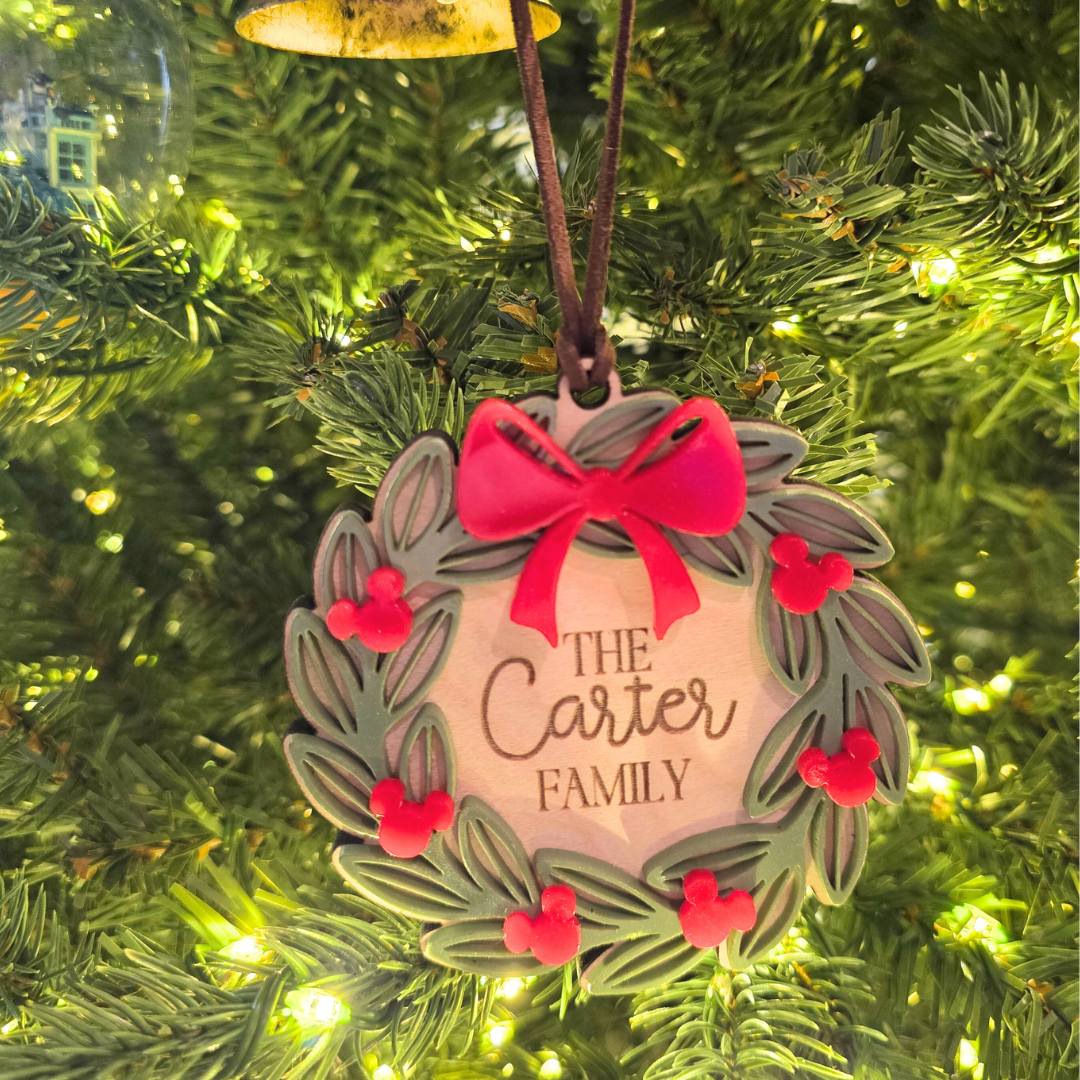 Personalized Wreath Mouse Ornament - Custom Name Tree Decor