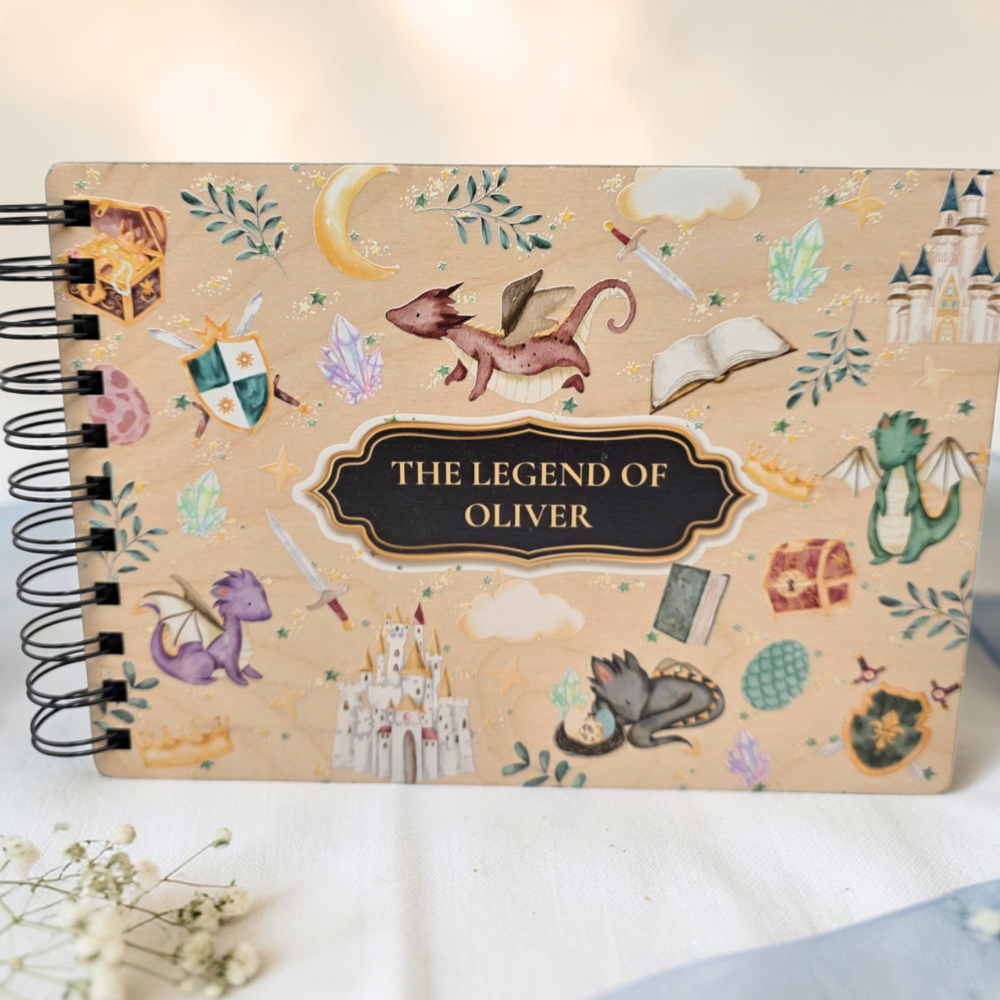 Personalized Storybook Memory Book - Fairytale Dragon Scrapbook Princess Keepsake Wood Gift