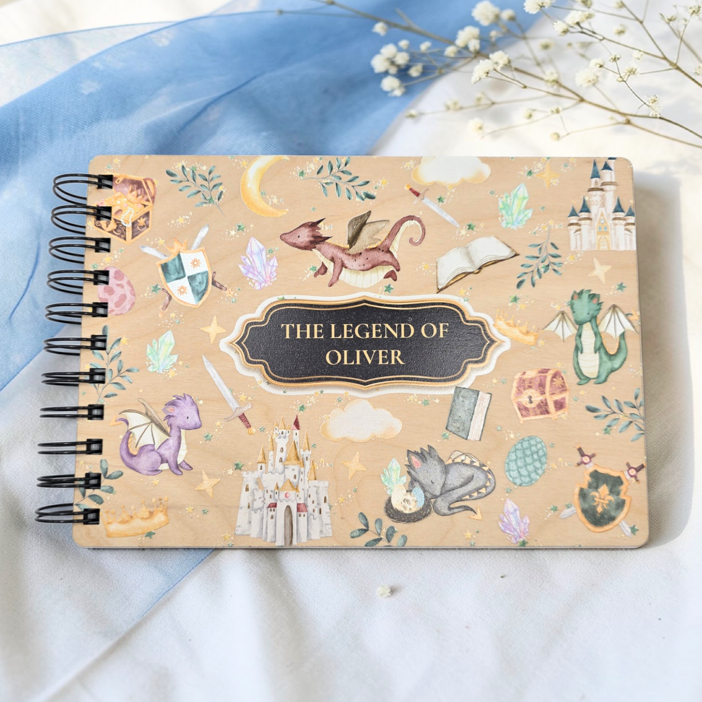 Personalized Storybook Memory Book - Fairytale Dragon Scrapbook Princess Keepsake Wood Gift