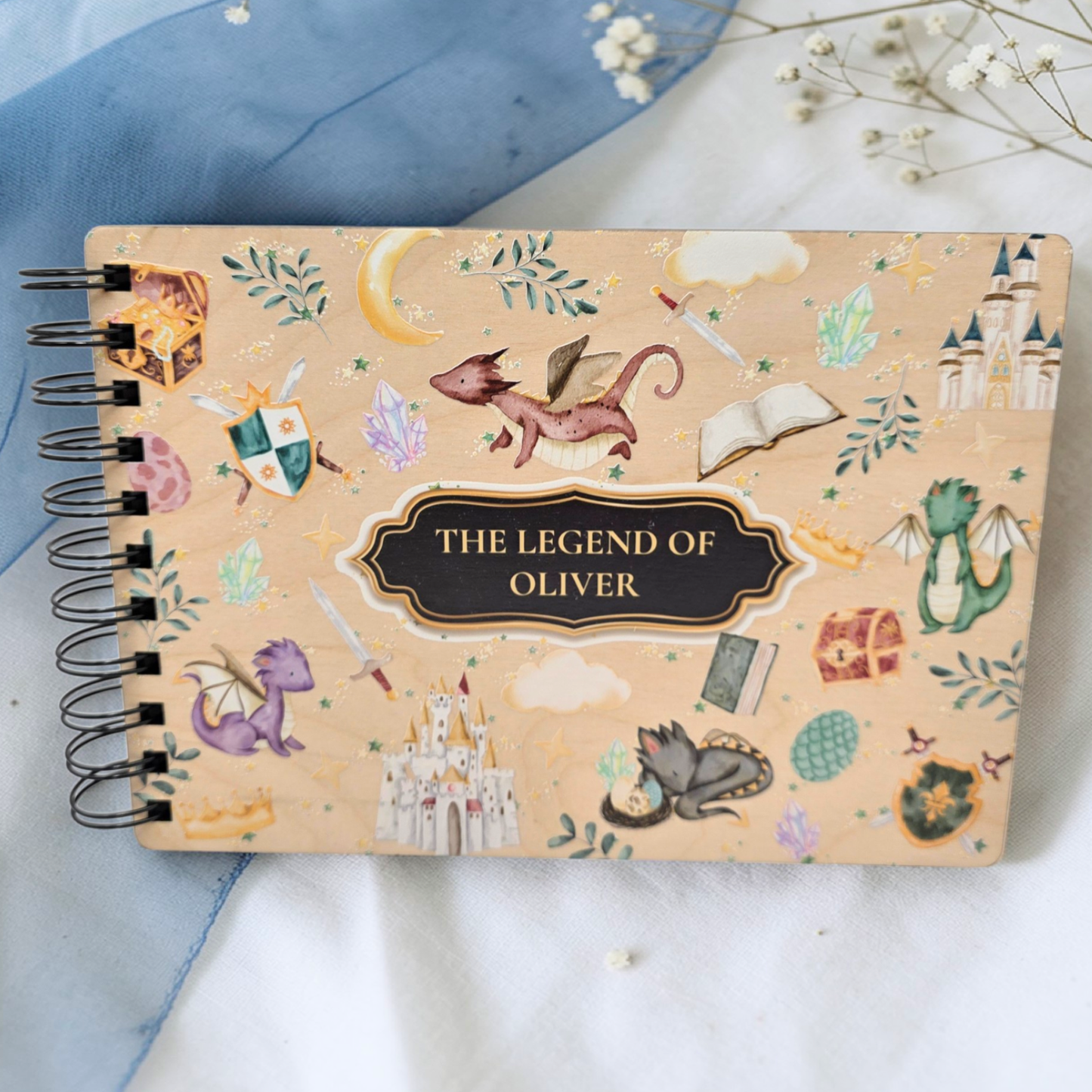 Personalized Storybook Memory Book - Fairytale Dragon Scrapbook Princess Keepsake Wood Gift